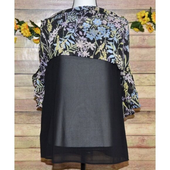 Calvin Klein Ladies Black Floral Blouse Top Size M Ruffled 3/4 Sleeves Career - Picture 7 of 14